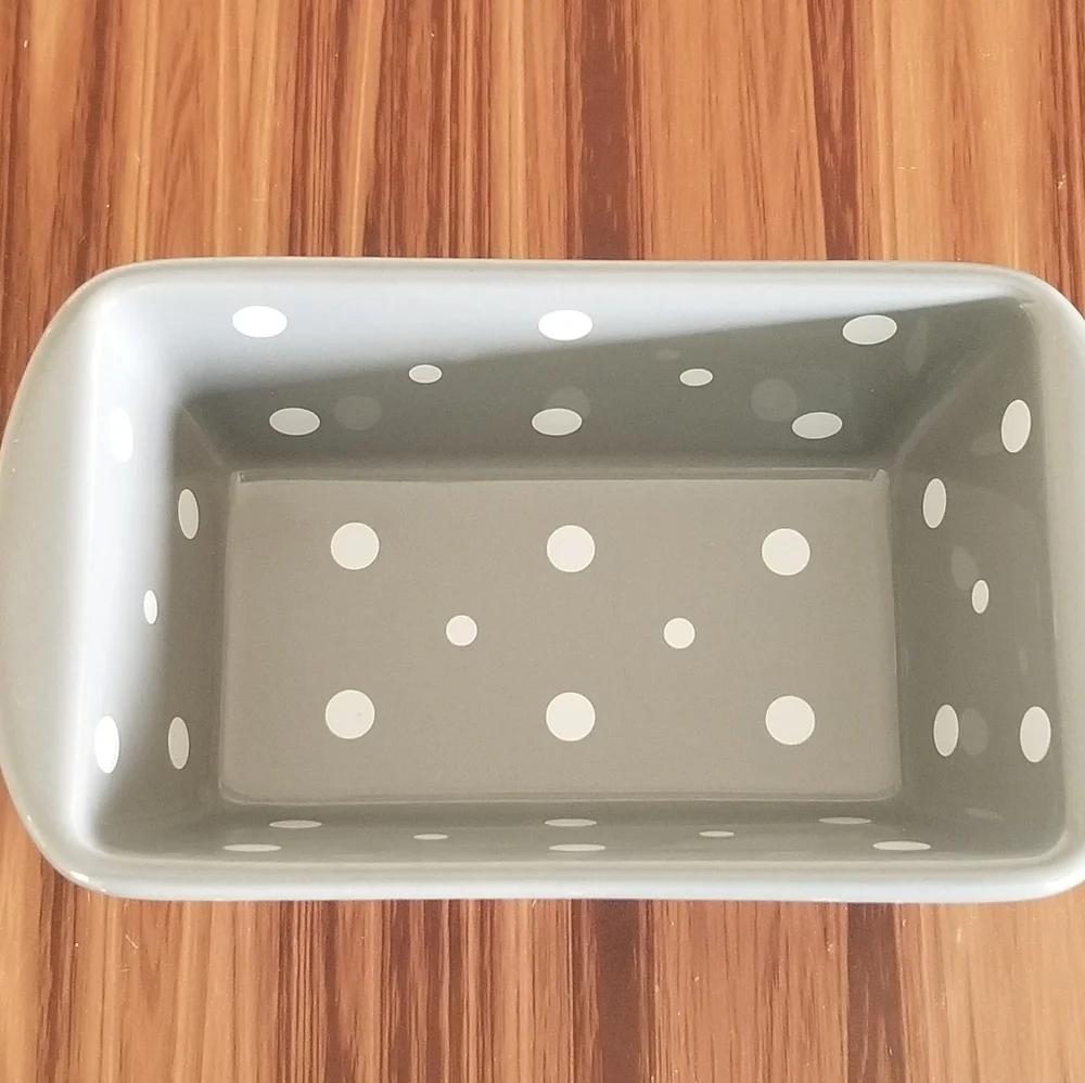 Temp-tations By Tara 2 Ceramic Mini Loaf Pans POLKA DOT Turqoise Gray With Lids.